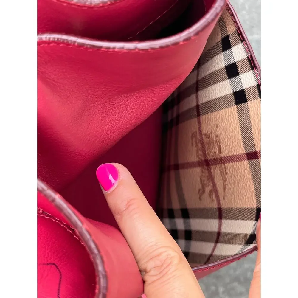 Vtg BURBERRY Red Leather Nova Check Strap Tote Bag Slouchy Hobo Shoulder Handbag